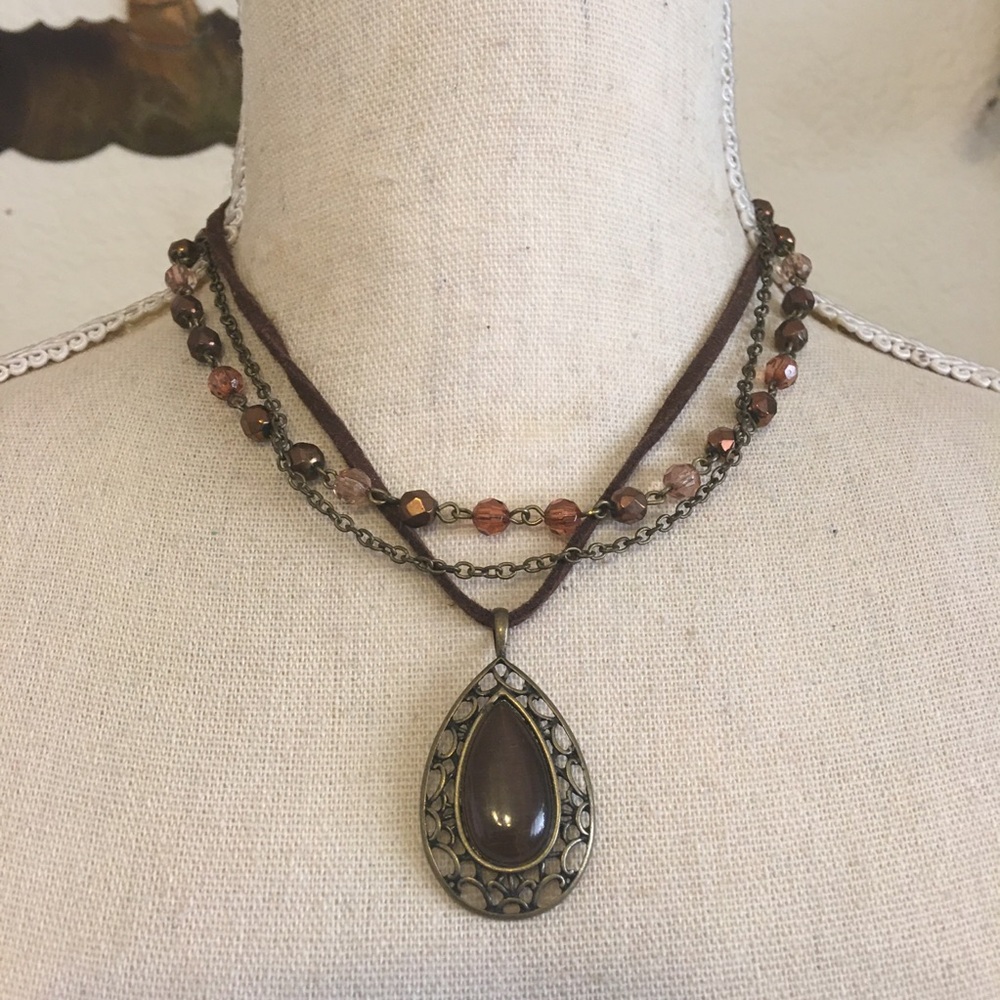 Triple strand leather chain bead amulet necklace